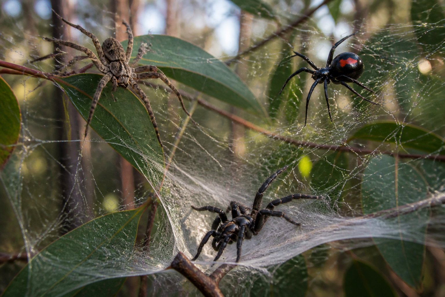 Close-up of several Australian spiders on their webs among green leaves in a forest setting.