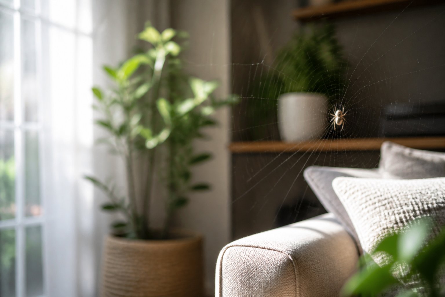 A small spider on its web in a bright, cozy indoor living room near a window with houseplants and modern furniture.