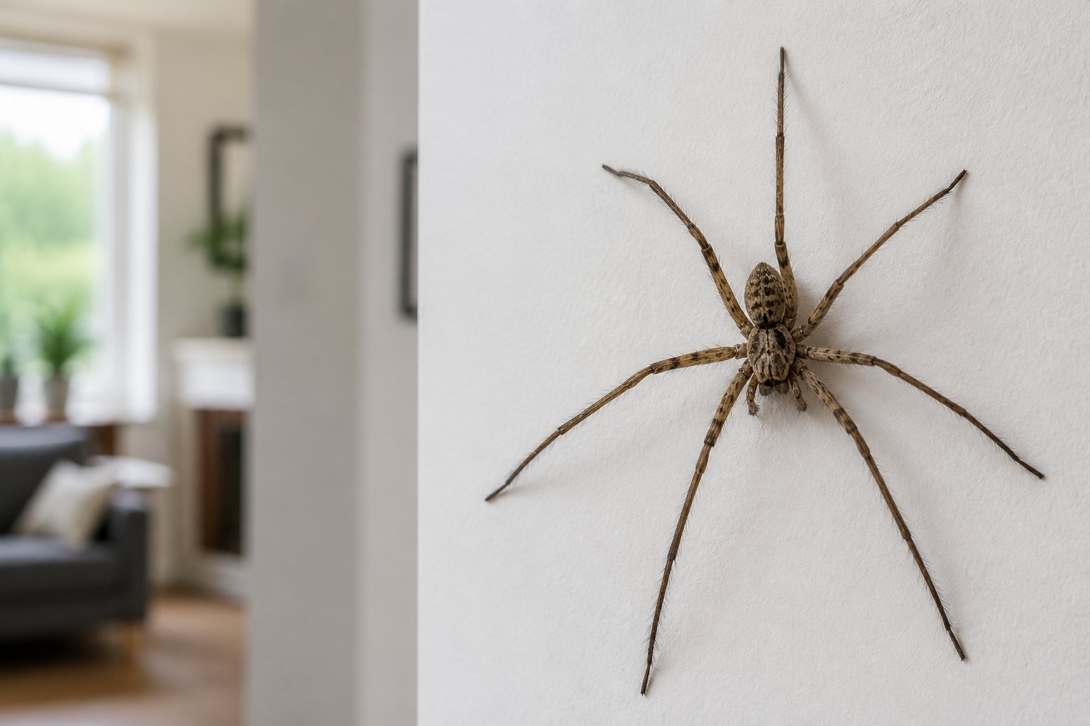 A close-up of a house spider on a white wall inside a bright, modern home.