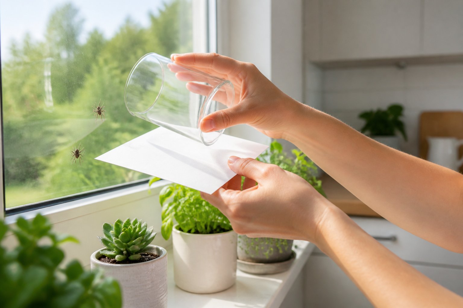 A person gently capturing a small spider on a kitchen window with a glass and paper to release it outside.