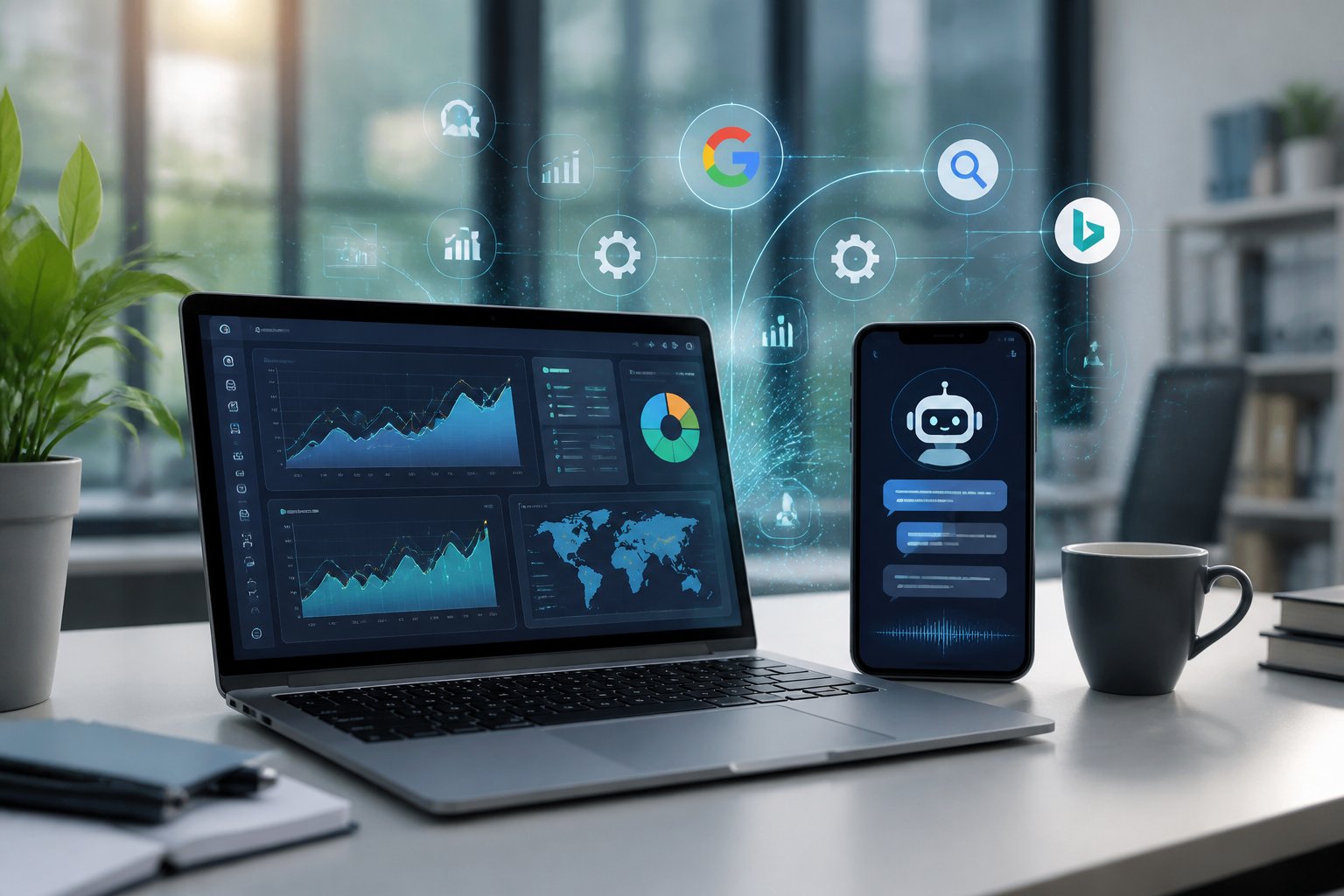 Ein moderner Arbeitsplatz mit Laptop und Smartphone, die SEO-Daten und eine Chatbot-Schnittstelle anzeigen.