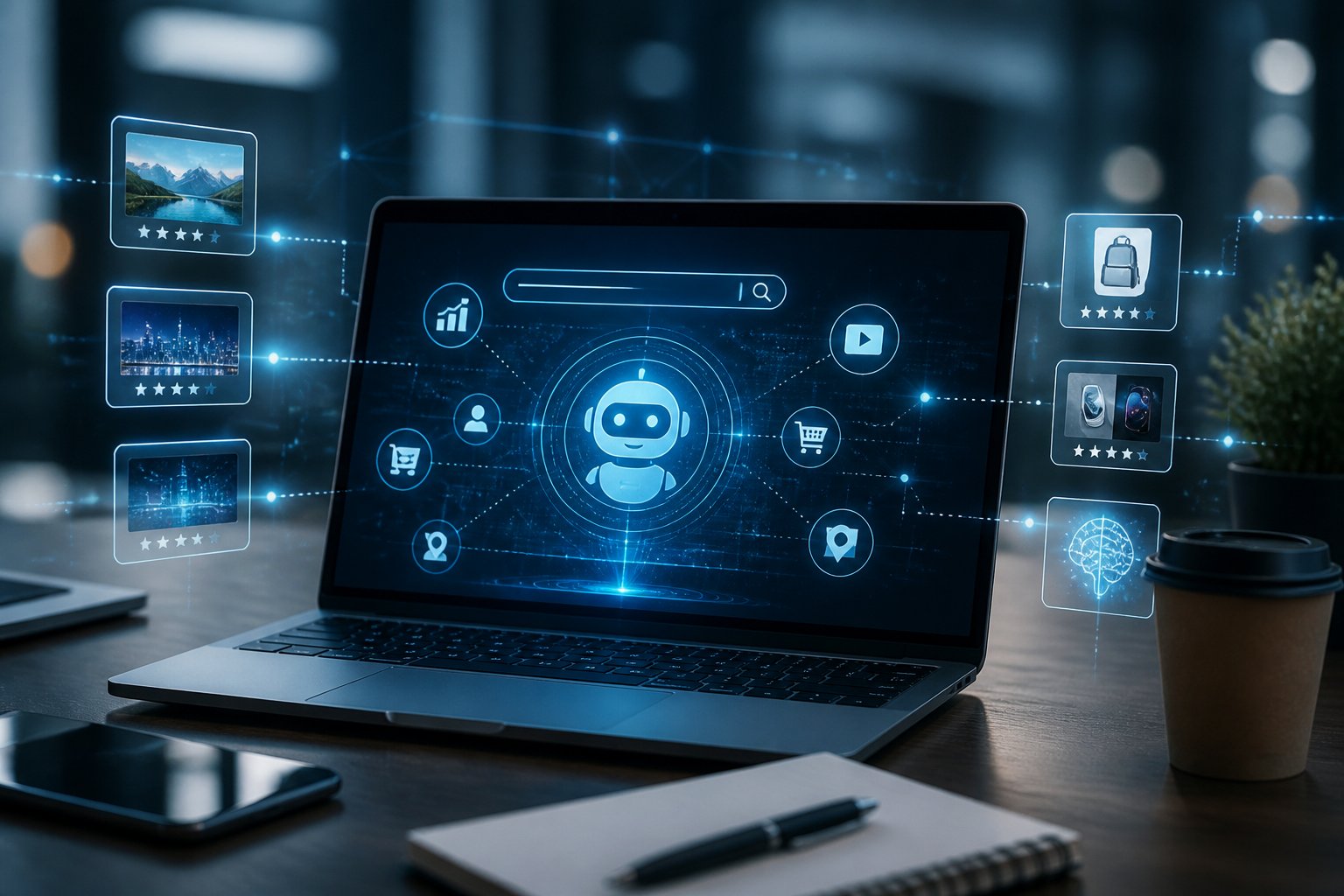 Moderner Arbeitsplatz mit einem Laptop, der digitale Daten und KI-Symbole zeigt, um die Funktionsweise von ChatGPT als Such- und Empfehlungsmaschine darzustellen.