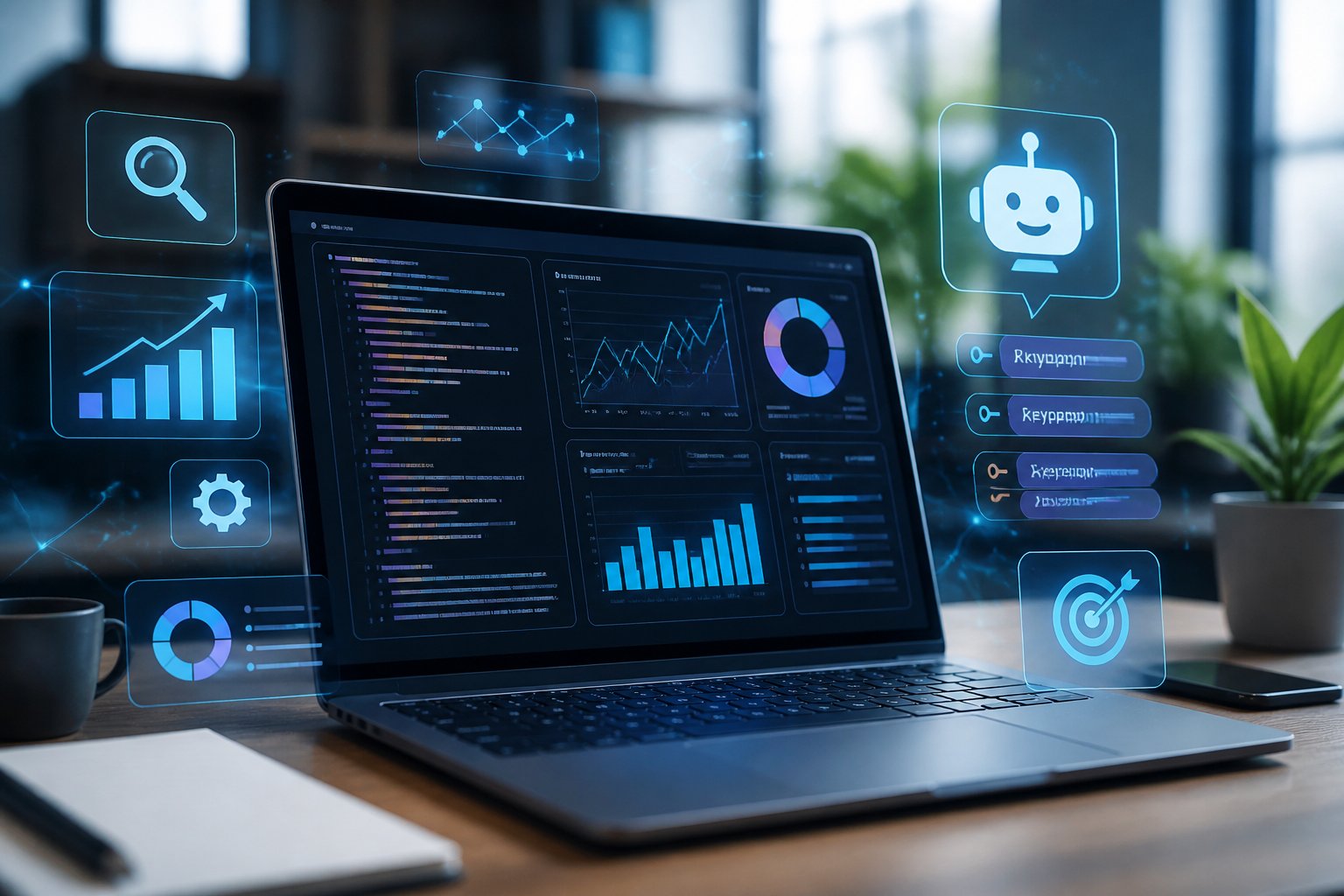 Ein moderner Arbeitsplatz mit einem Laptop, der SEO-Analysen und Code zeigt, umgeben von digitalen Symbolen f&uuml;r ChatGPT und Suchmaschinenoptimierung.