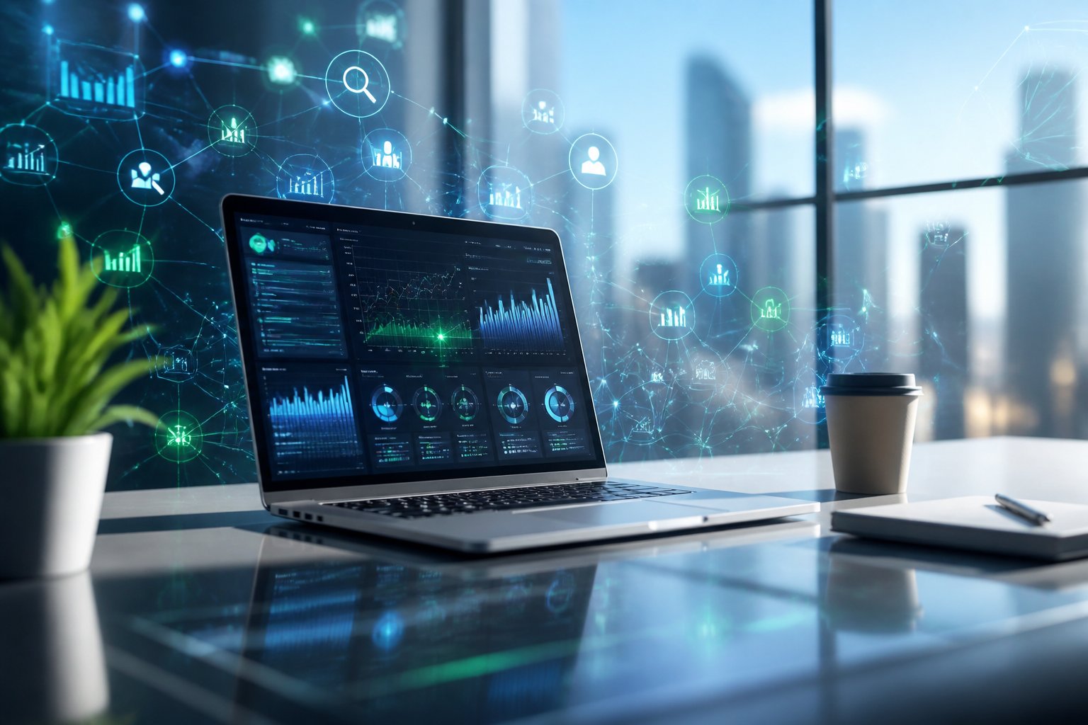 Ein moderner Arbeitsplatz mit einem Laptop, der Daten und Diagramme zeigt, umgeben von digitalen Symbolen f&uuml;r Suchmaschinenoptimierung.