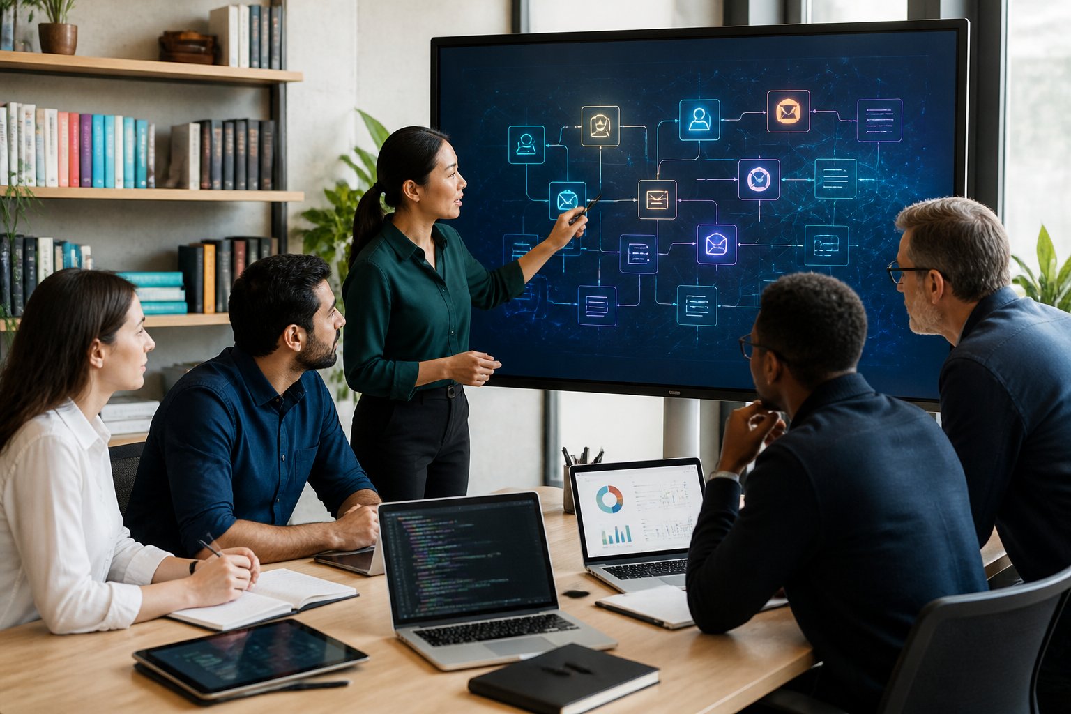 Mehrere Personen arbeiten gemeinsam an einem digitalen Bildschirm mit abstrakten Datenstrukturen und Diagrammen in einem modernen B&uuml;ro.