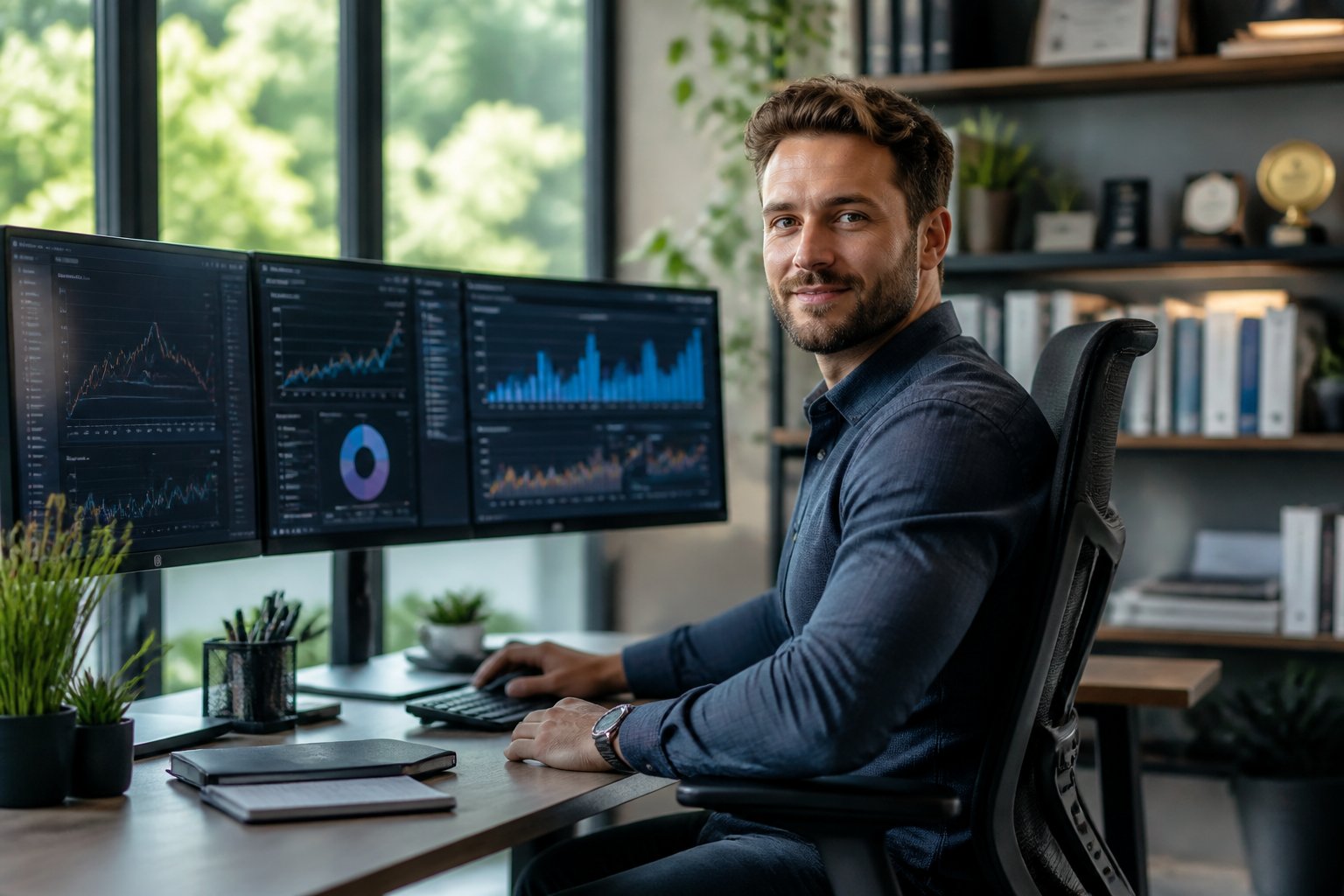 Eine Person arbeitet konzentriert an einem Schreibtisch mit mehreren Bildschirmen in einem modernen B&uuml;ro.