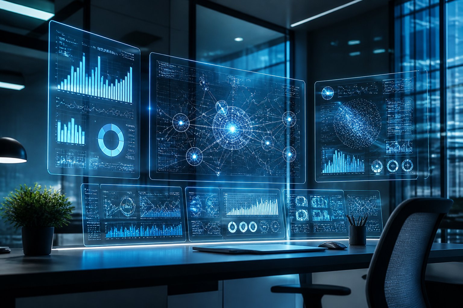 Ein moderner Arbeitsplatz mit mehreren transparenten Bildschirmen und holografischen Anzeigen, die komplexe Daten und Netzwerkdiagramme zeigen.