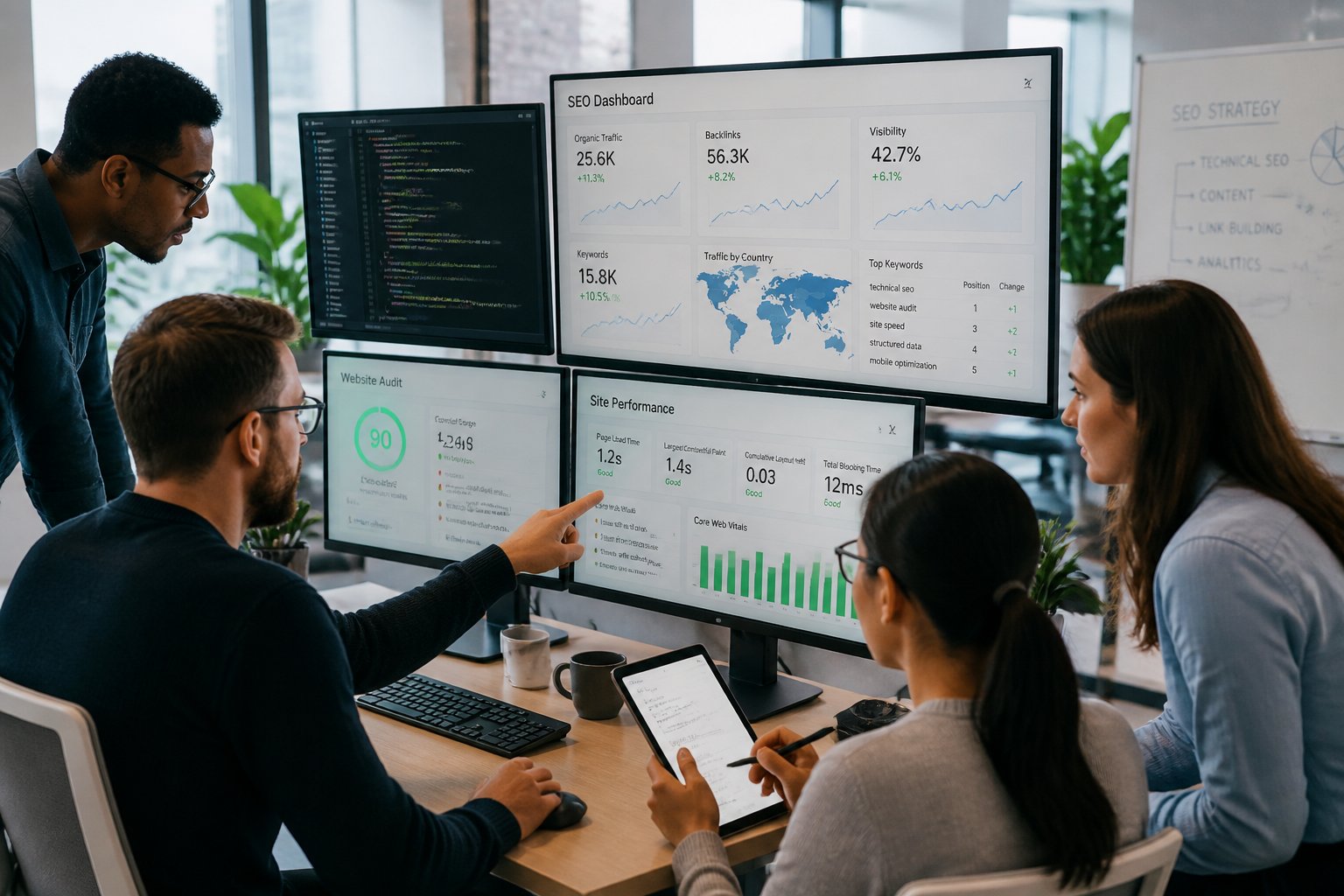 Mehrere Personen arbeiten gemeinsam an Computern mit Website-Analysen und SEO-Daten in einem modernen B&uuml;ro.