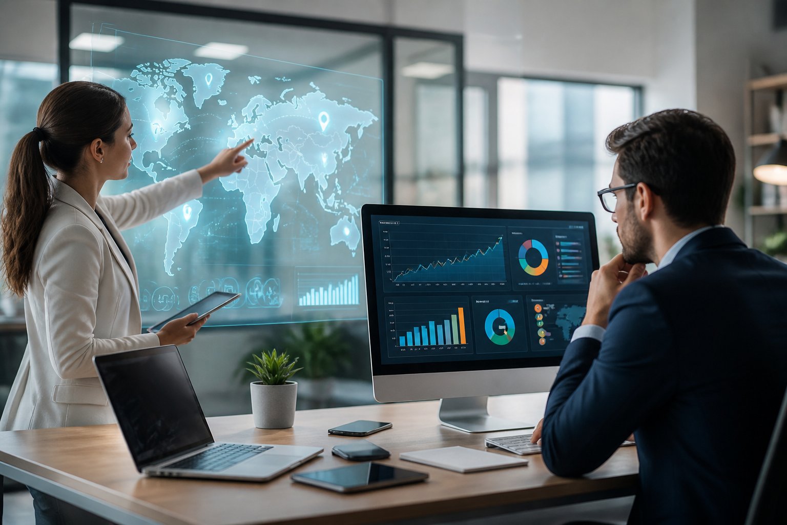 Zwei Geschäftspersonen diskutieren in einem modernen Büro vor einem digitalen Weltkartenbild und einem Bildschirm mit Diagrammen und Analysen.