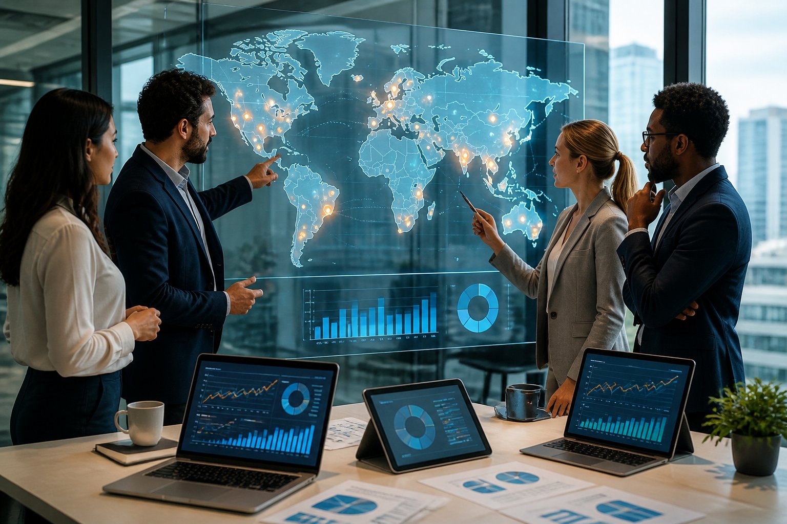 Geschäftsleute diskutieren vor einer digitalen Weltkarte mit hervorgehobenen Standorten in einem modernen Büro.
