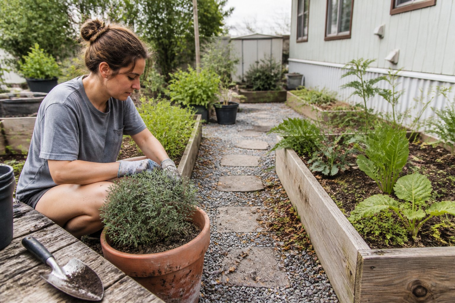 A small mobile home garden with potted plants, wooden raised beds, and a gravel path. Hands wearing gardening gloves tend to a plant with tools resting nearby.
