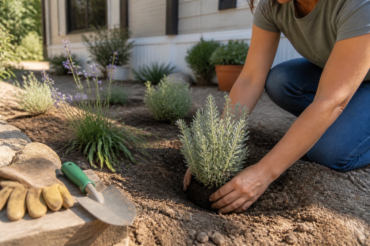 A person planting native drought-tolerant plants beside a mobile home with gardening tools nearby, under soft daylight.
