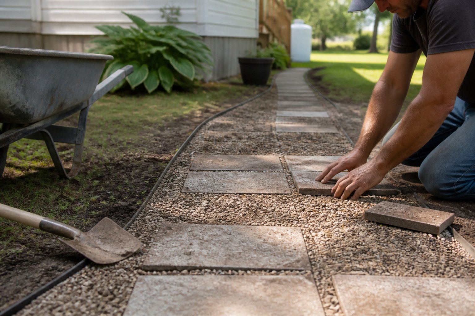 A person arranging pavers on a gravel pathway in a mobile home yard with gardening tools nearby.