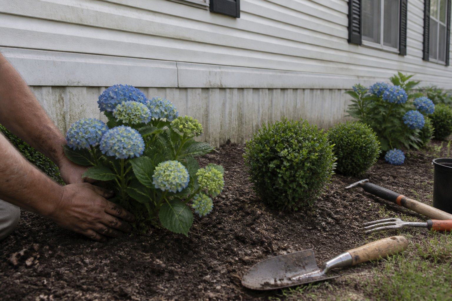 A pair of hands arranging boxwood shrubs and hydrangea plants near a mobile home with gardening tools resting nearby.