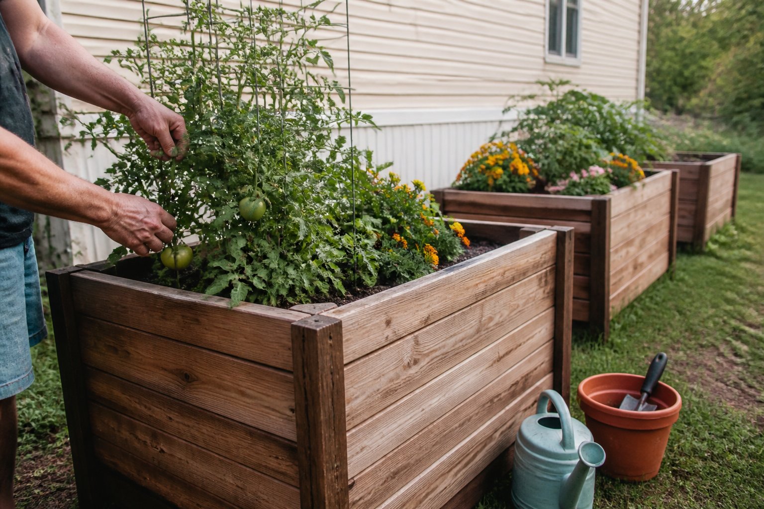 Raised cedar planter boxes with vegetables and seasonal flowers in a mobile home backyard, with hands tending the plants and gardening tools nearby.