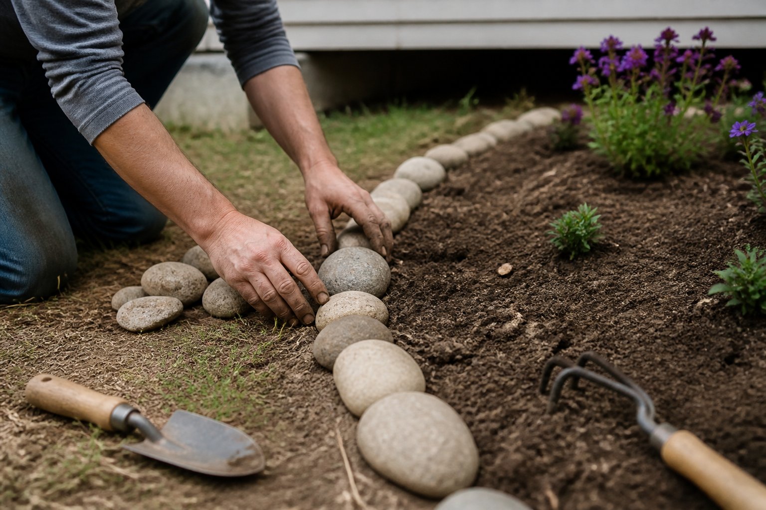 Hands arranging river rocks to form a garden bed border with tools nearby on soil in natural daylight.