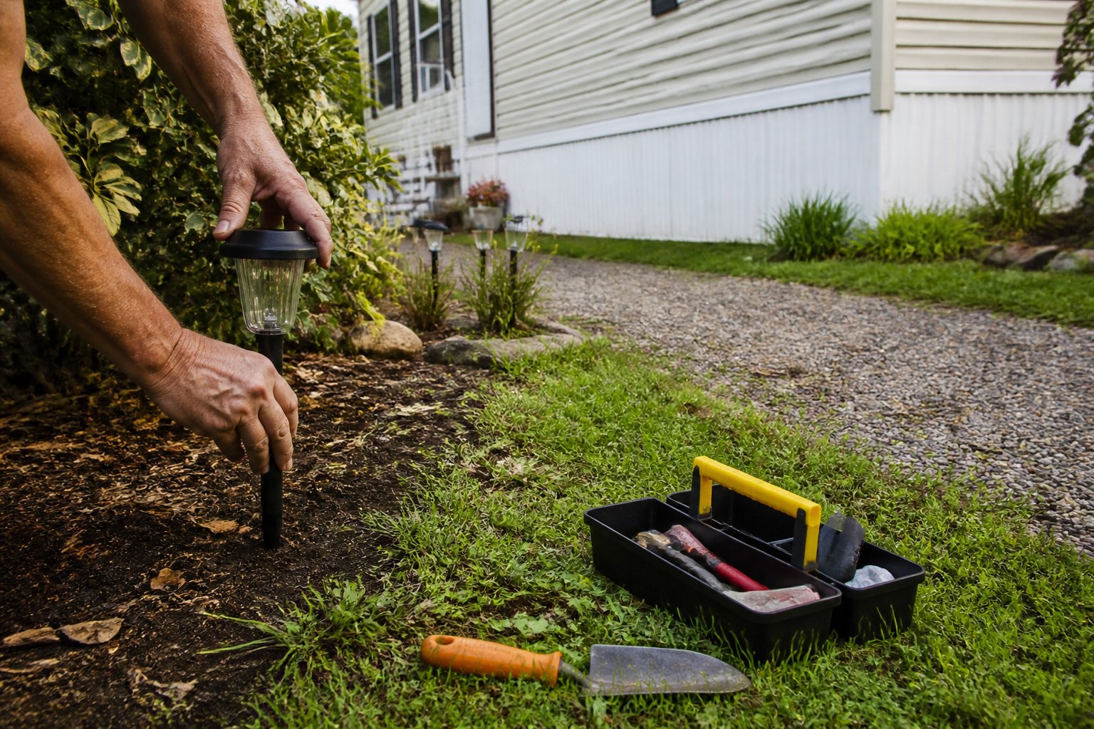 Hands installing solar pathway lights along a gravel walkway beside a mobile home, with gardening tools resting nearby and plants surrounding the area.