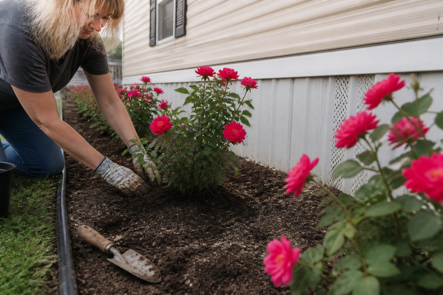 A person planting a row of knock-out rose bushes in a mobile home yard with gardening tools nearby.