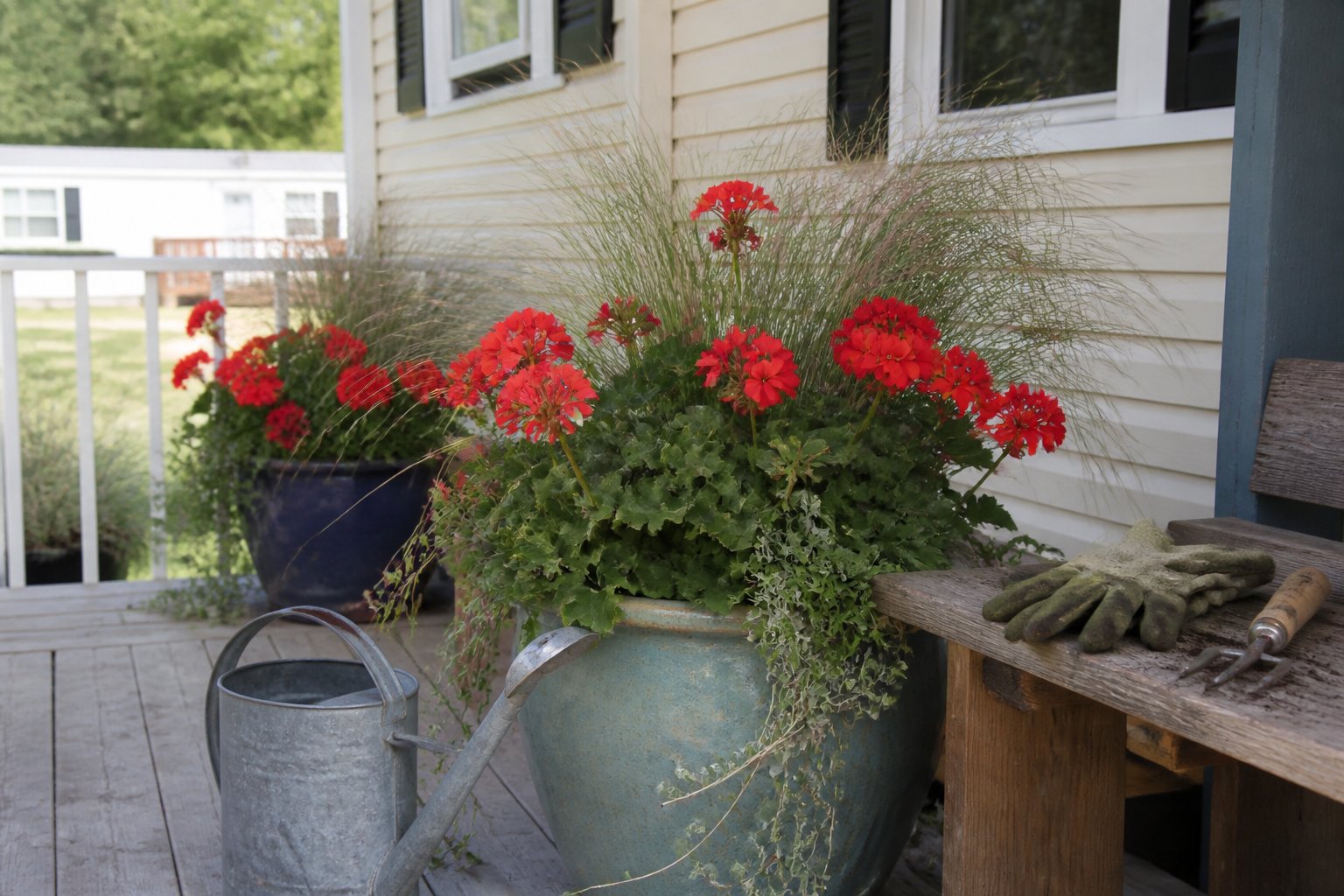 A porch with large pots of ornamental grasses and geraniums, gardening gloves and tools placed casually nearby.
