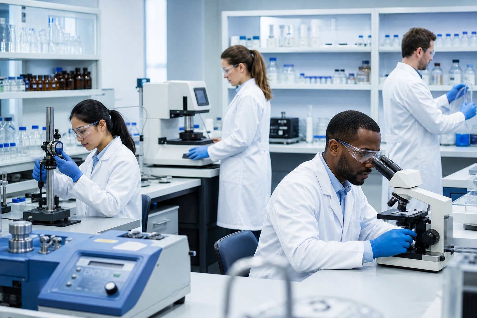 Scientists and technicians working in a modern laboratory with advanced testing equipment and organized shelves meeting the ISO 17025 competency requirements