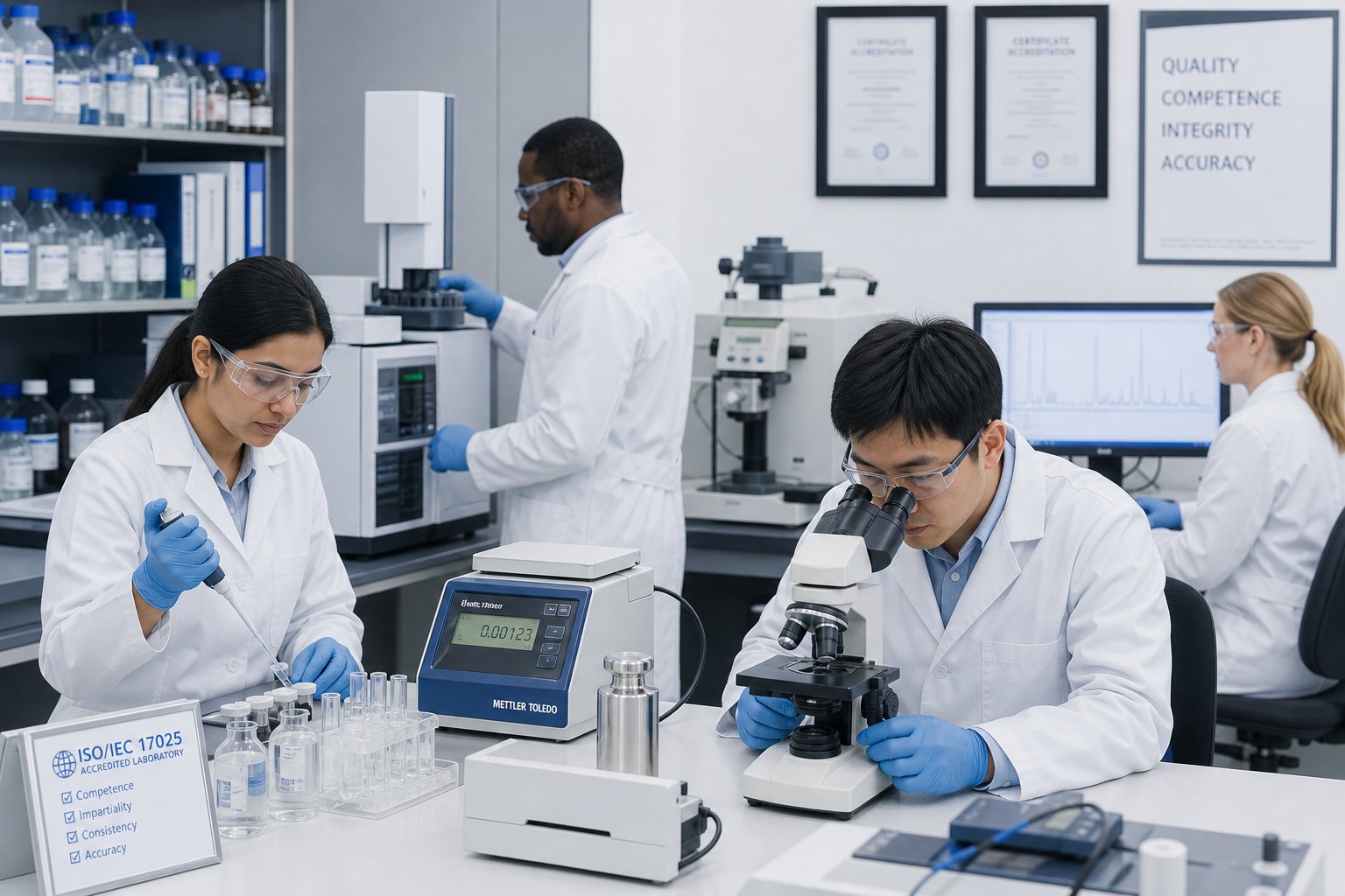 Scientists and technicians working with advanced laboratory equipment in a clean, organized lab focused on meeting the ISO 17025 competency requirements