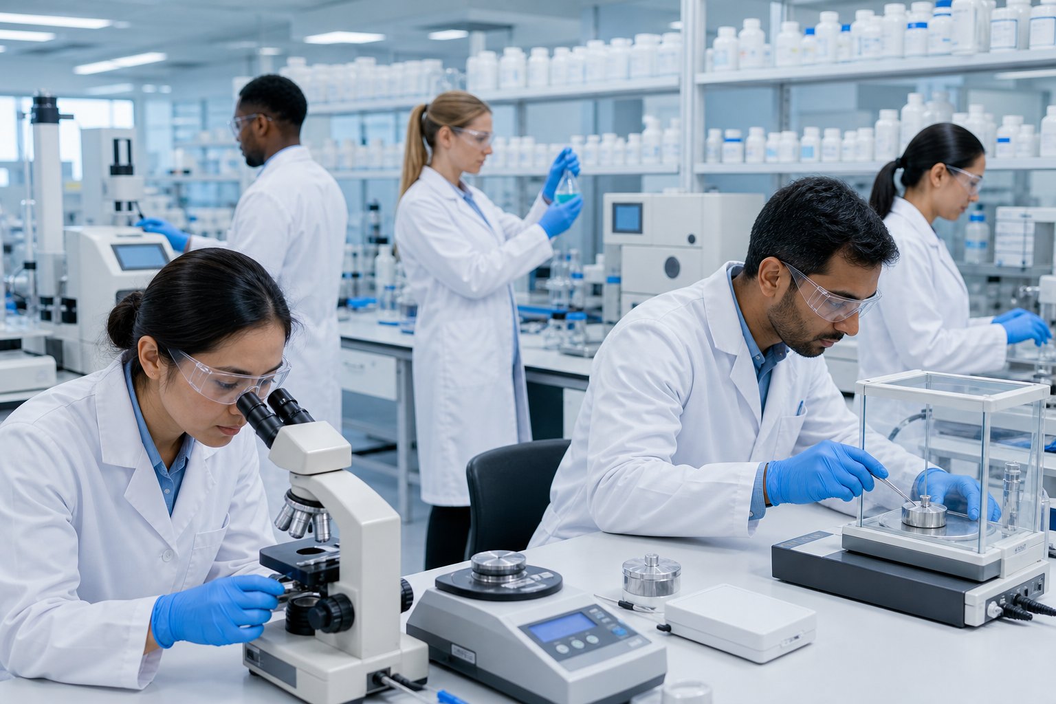 Scientists and technicians working together in a well-equipped laboratory using advanced testing instruments meeting the ISO 17025 competency requirements.