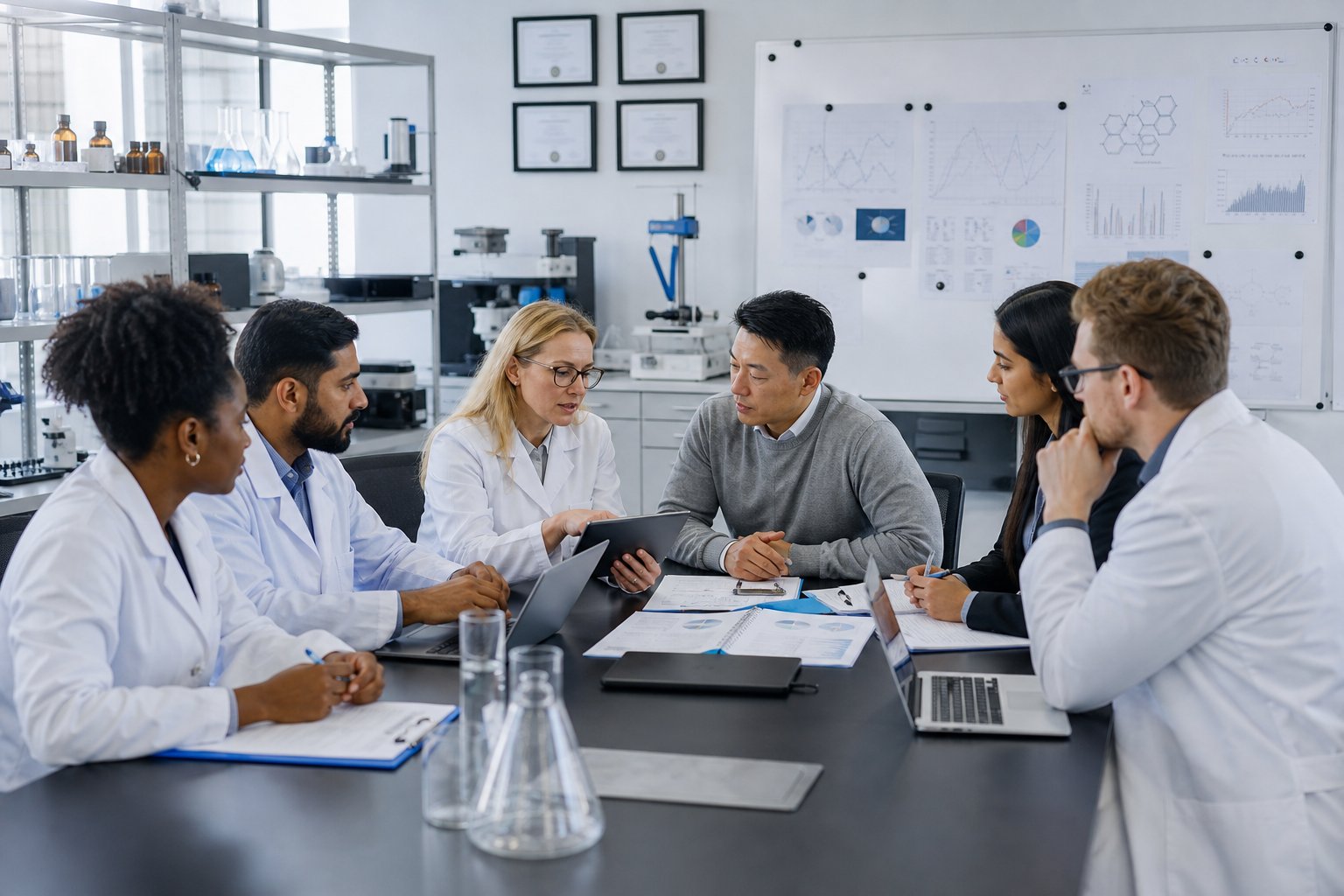 A group of professionals collaborating in a laboratory office with documents and scientific equipment around them meeting the ISO 17025 competency requirements.