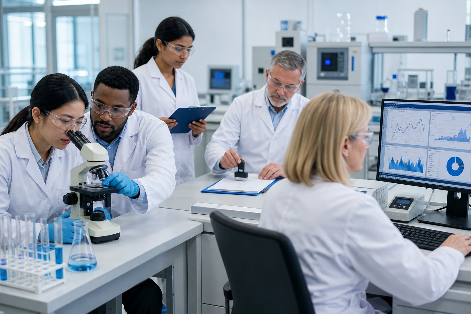 Laboratory professionals engaged in training, reviewing documents, authorizing work, and monitoring data in a modern lab environment meeting the ISO 17025 competency requirements.