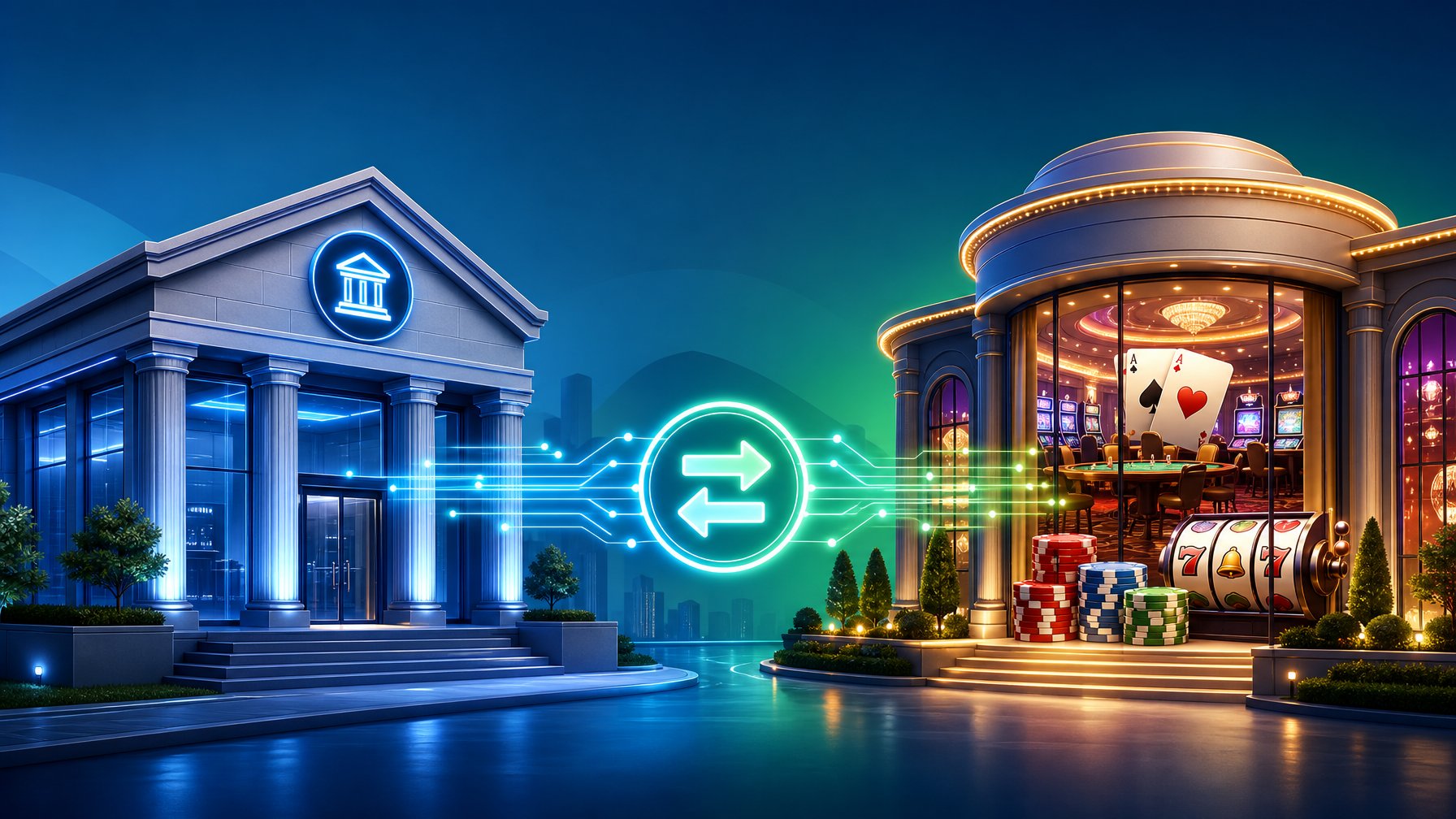Illustration Showing A Bank Transferring Money Digitally To A Casino Building With Poker Chips And Playing Cards Visible Inside.