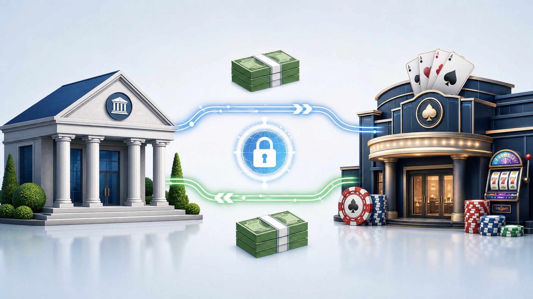 Illustration Showing Money Transferring From A Bank Building To A Casino Building With Symbols Of Cash And Casino Elements Between Them.