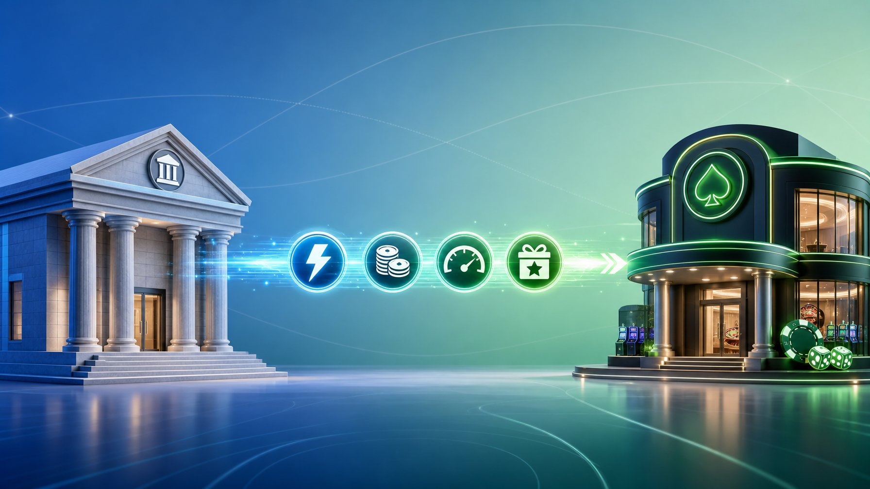 Illustration Showing A Bank Connected To A Casino By A Glowing Wire Transfer Line With Icons Representing Speed, Fees, Limits, And Bonuses.
