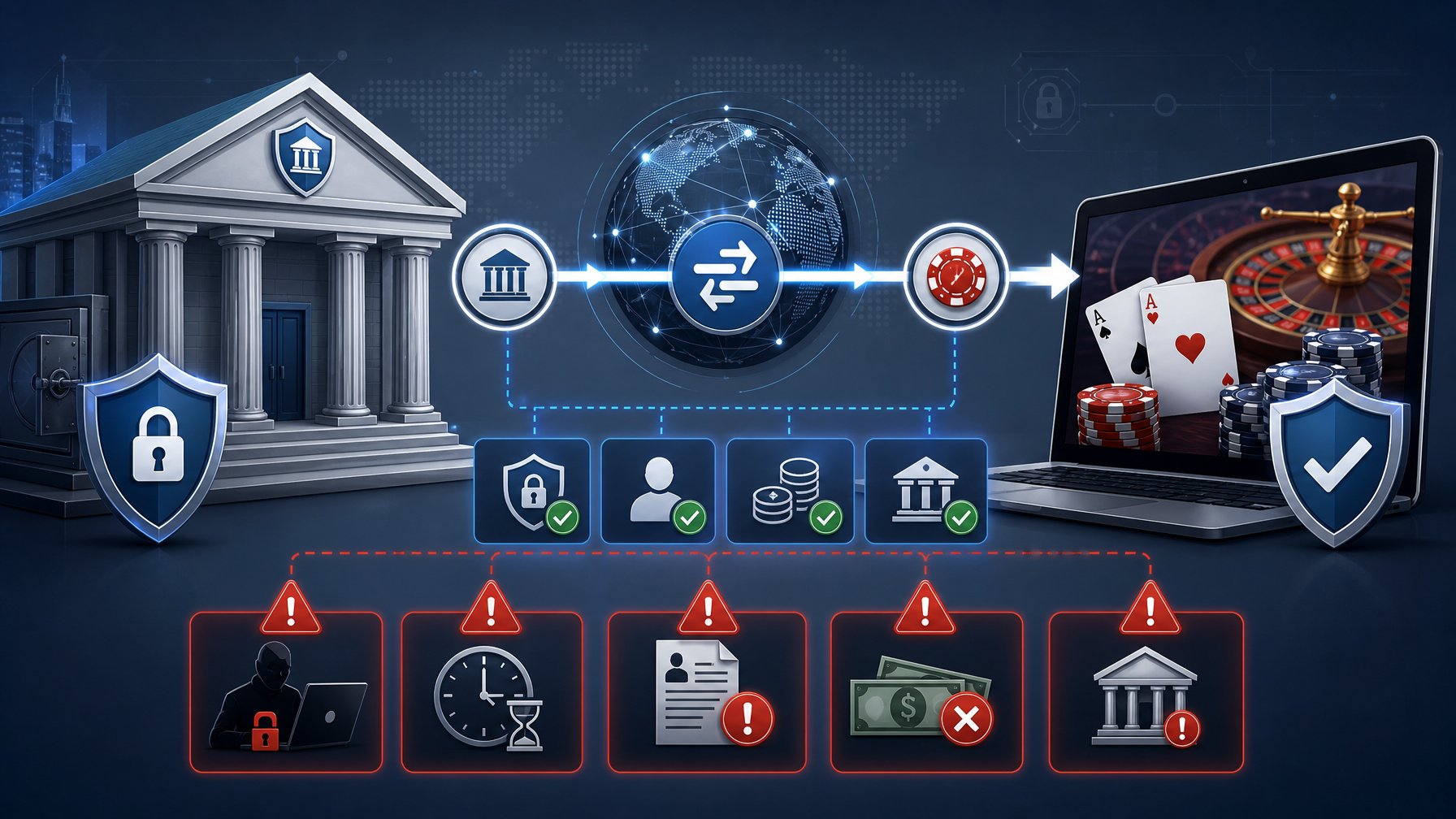 Illustration Showing A Secure Bank Wire Transfer Process To A Casino With Symbols Representing Safety And Potential Issues.