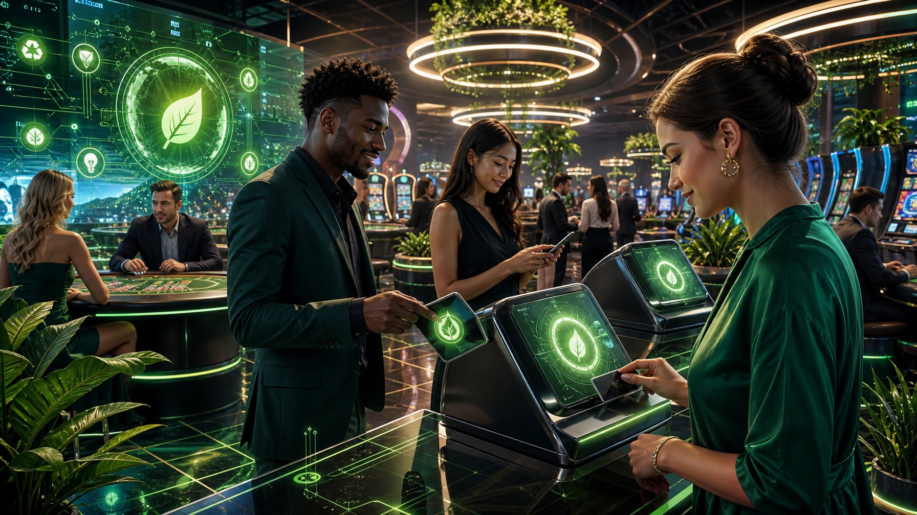 People Using Digital Payment Terminals With Glowing EcoFriendly Symbols In A Modern Casino Setting.