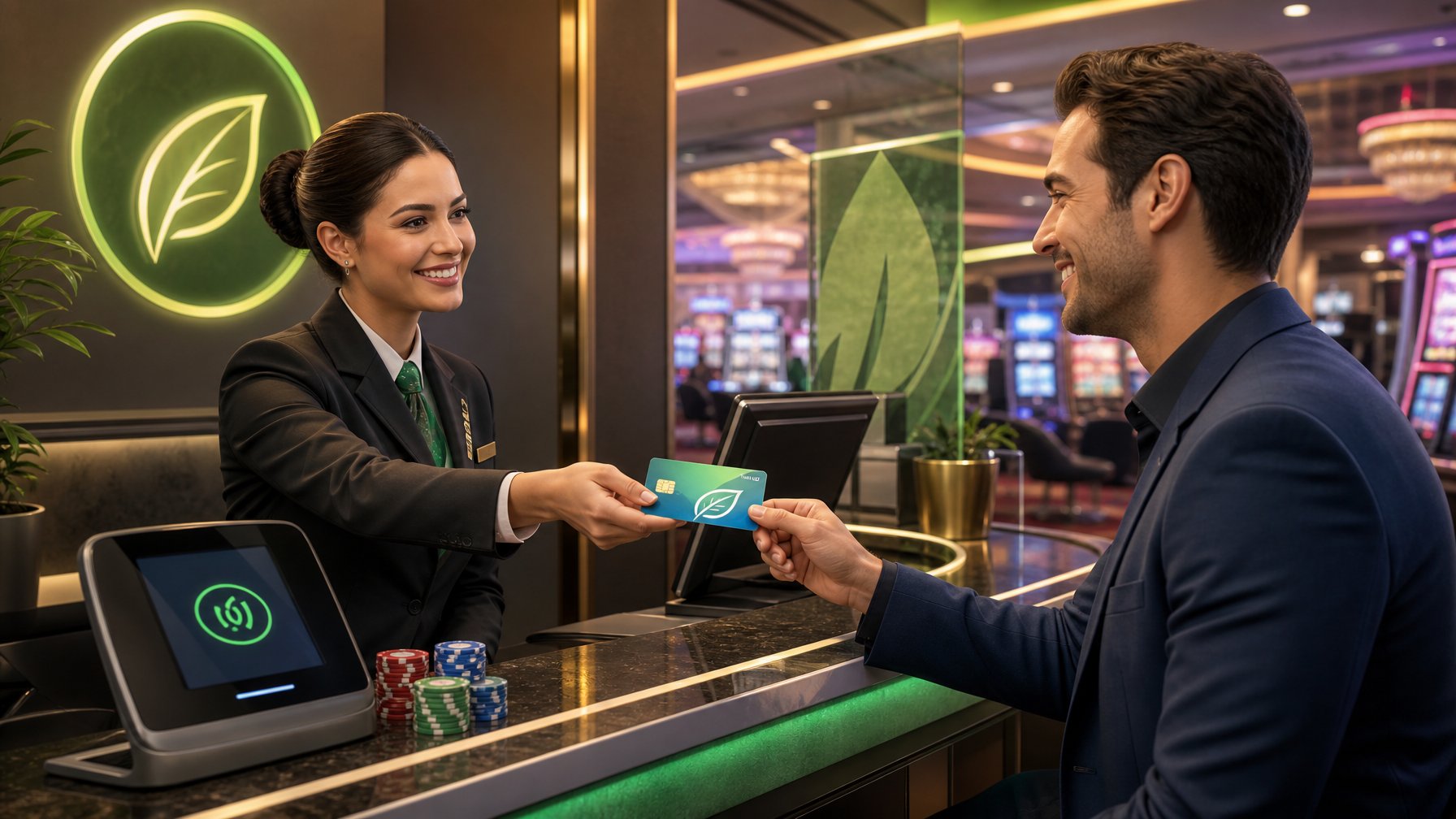 A Casino Cashier Hands An EcoFriendly Payment Card To A Customer At A Cashier Counter Inside A Casino.