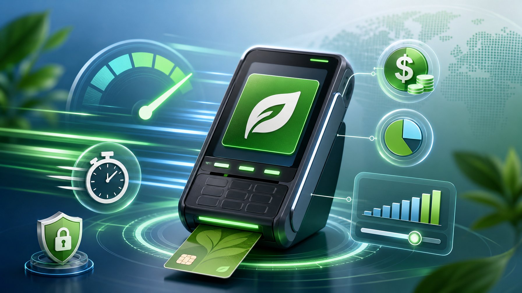 A Digital Payment Terminal With The Ecocard Logo, Surrounded By Icons Representing Fast Transactions, Fees, And Transaction Limits.