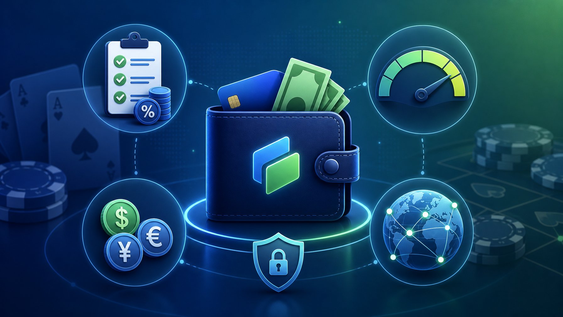 Illustration Of A Digital Wallet Surrounded By Icons Representing Currency Symbols, Payment Limits, Fees, And Global Availability, With Subtle Casino Elements In The Background.