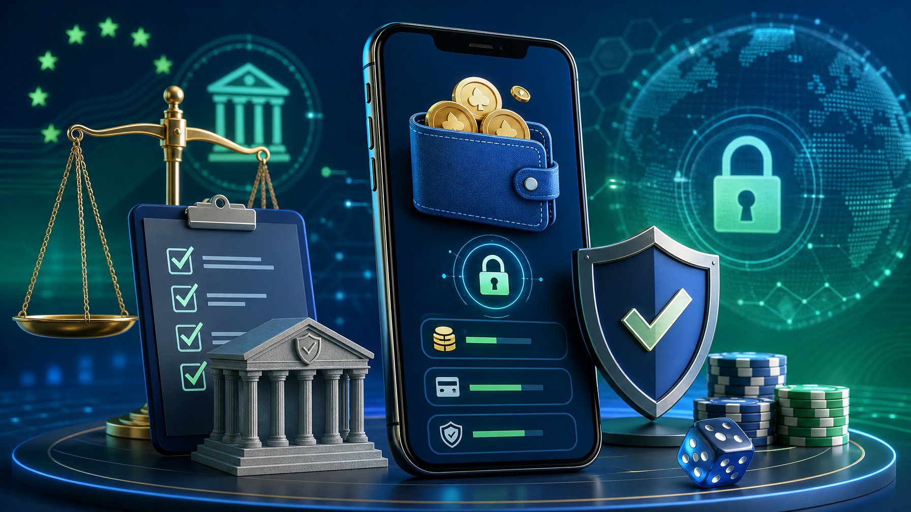 A Smartphone Displaying A Digital Wallet With Security Icons Like A Lock And Shield, Surrounded By Symbols Of Regulation Such As A Balanced Scale And Checklist, Representing Secure And Responsible Online Casino Payments.