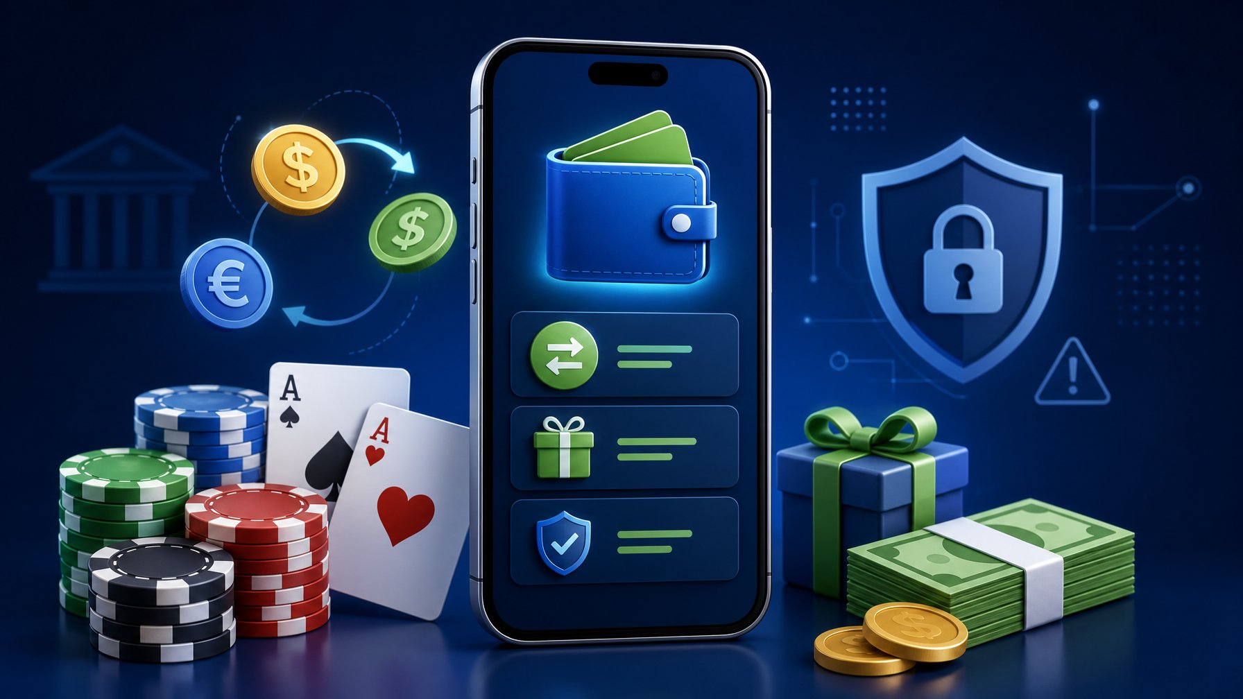 A Smartphone Showing A Digital Wallet Interface With Icons For Money Transfer And Bonuses, Surrounded By Poker Chips, Playing Cards, Currency Symbols, And Small Lock And Warning Icons Indicating Payment Rules And Restrictions.