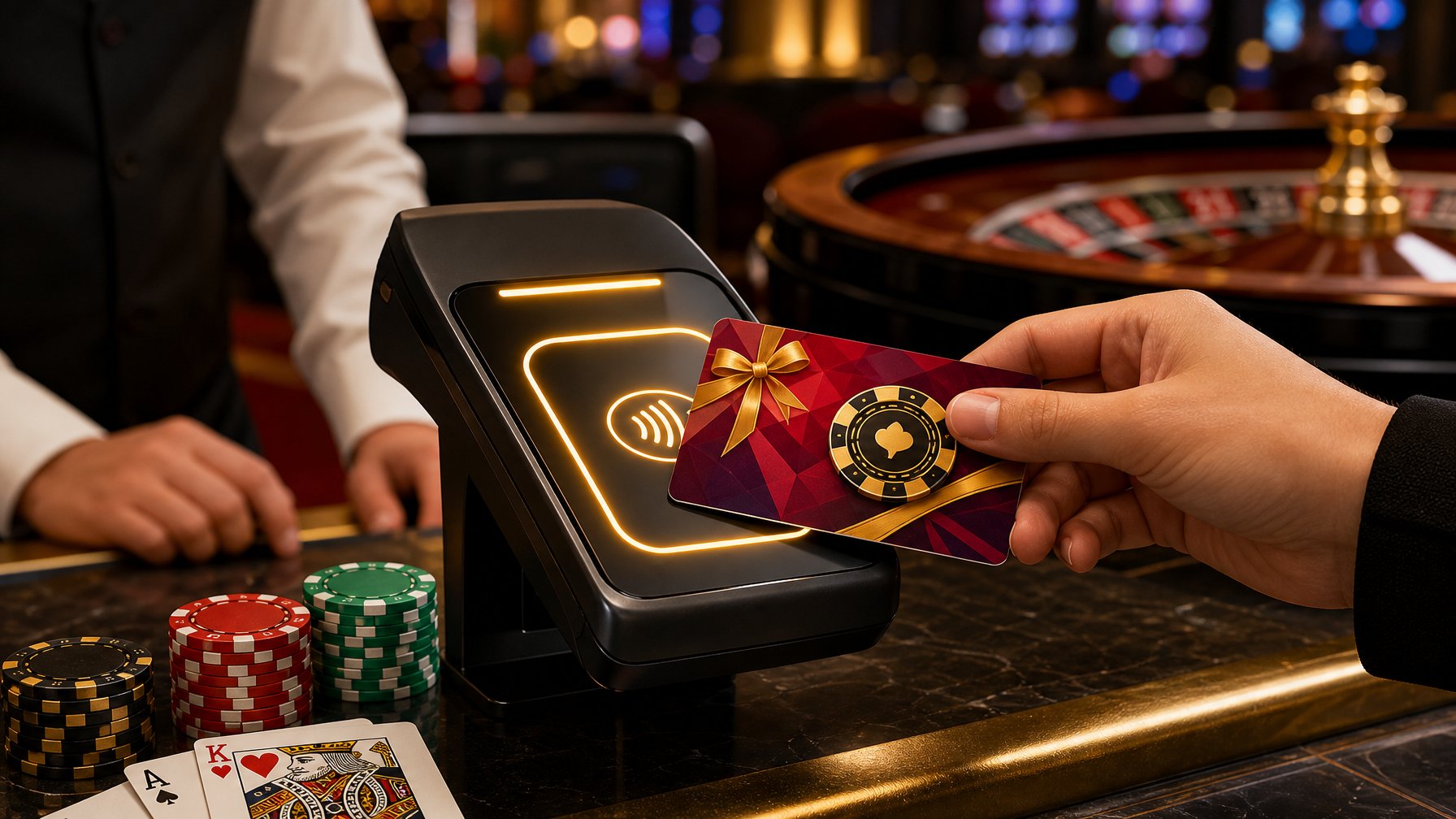 A Hand Holding A Gift Card Near A Payment Terminal At A Casino Counter With Poker Chips And Playing Cards In The Background.