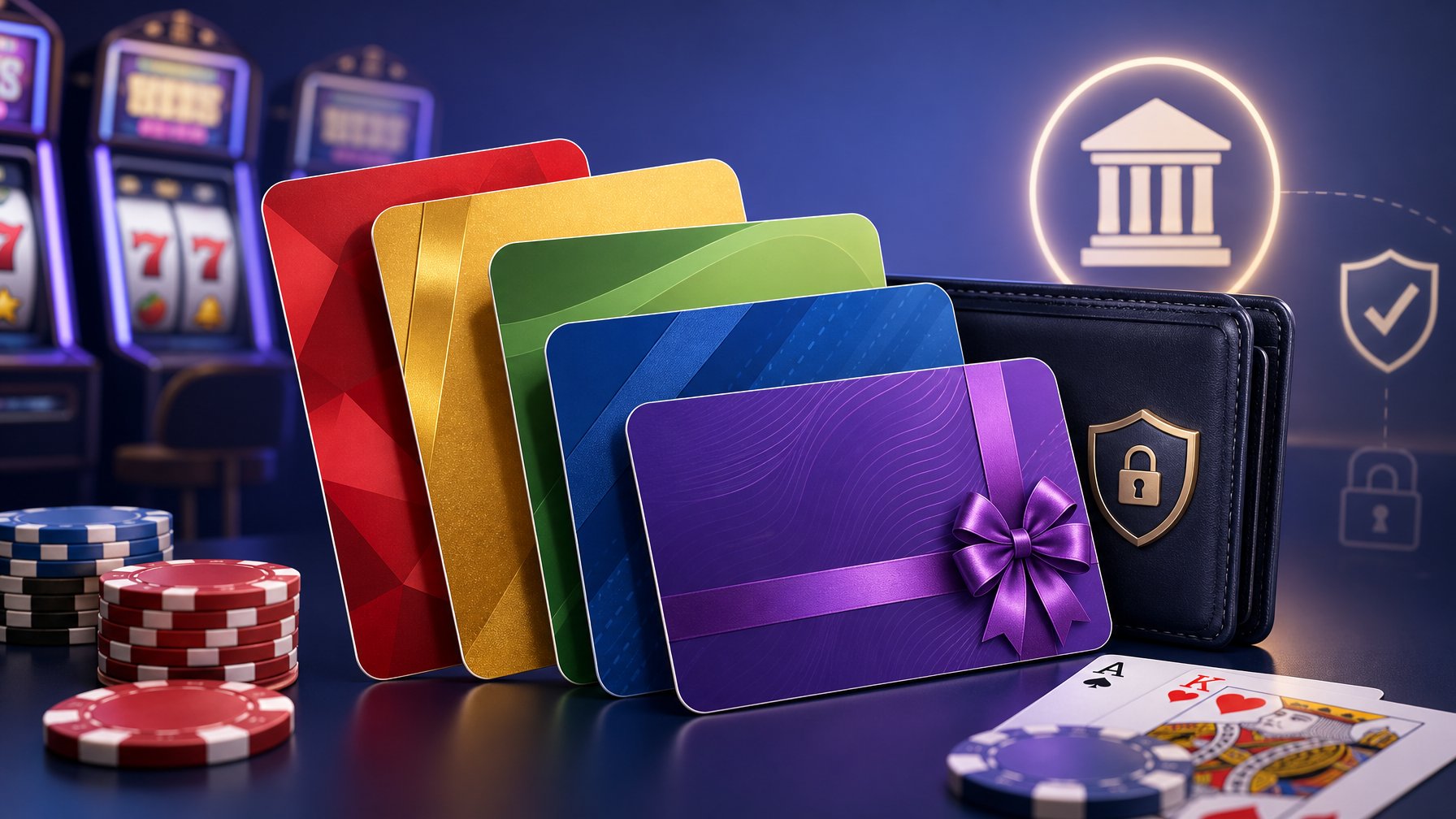An Illustration Showing Colorful Gift Cards In Front Of Casino Elements Like Poker Chips And Slot Machines, Representing Gift Cards As A Payment Method In Casino Banking.