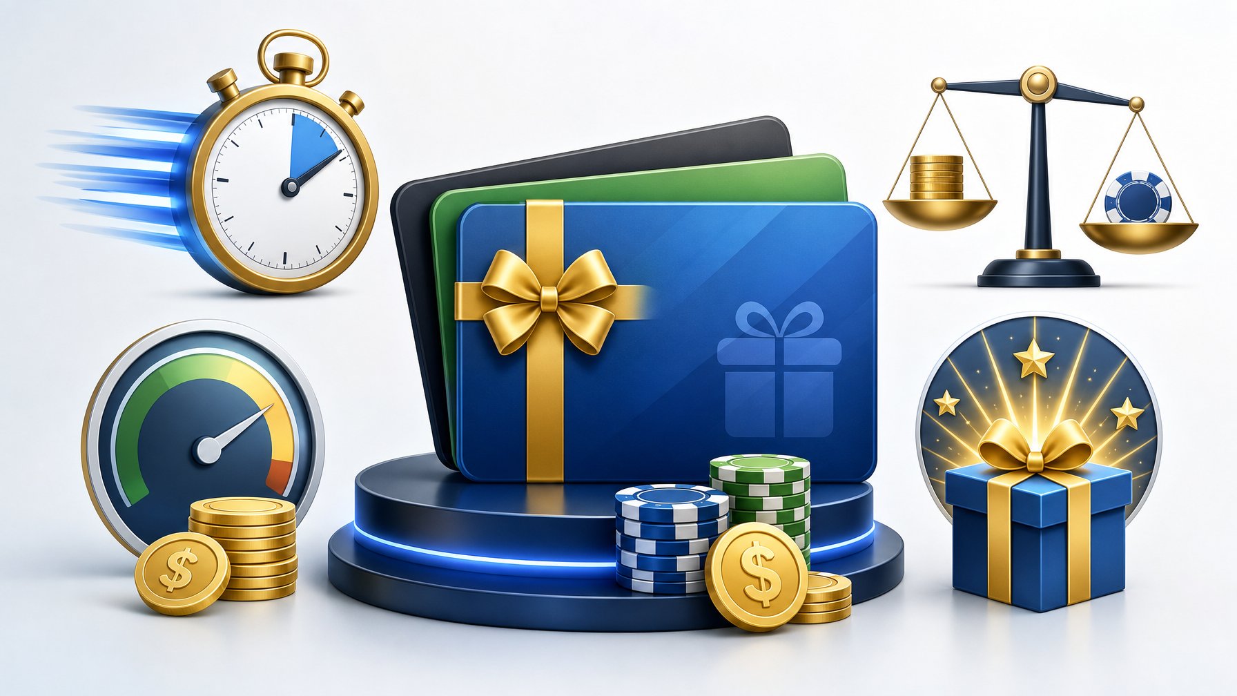 A Digital Interface Showing Gift Cards, Casino Chips, Currency Symbols, And Icons Representing Speed, Fees, Limits, And Bonuses.