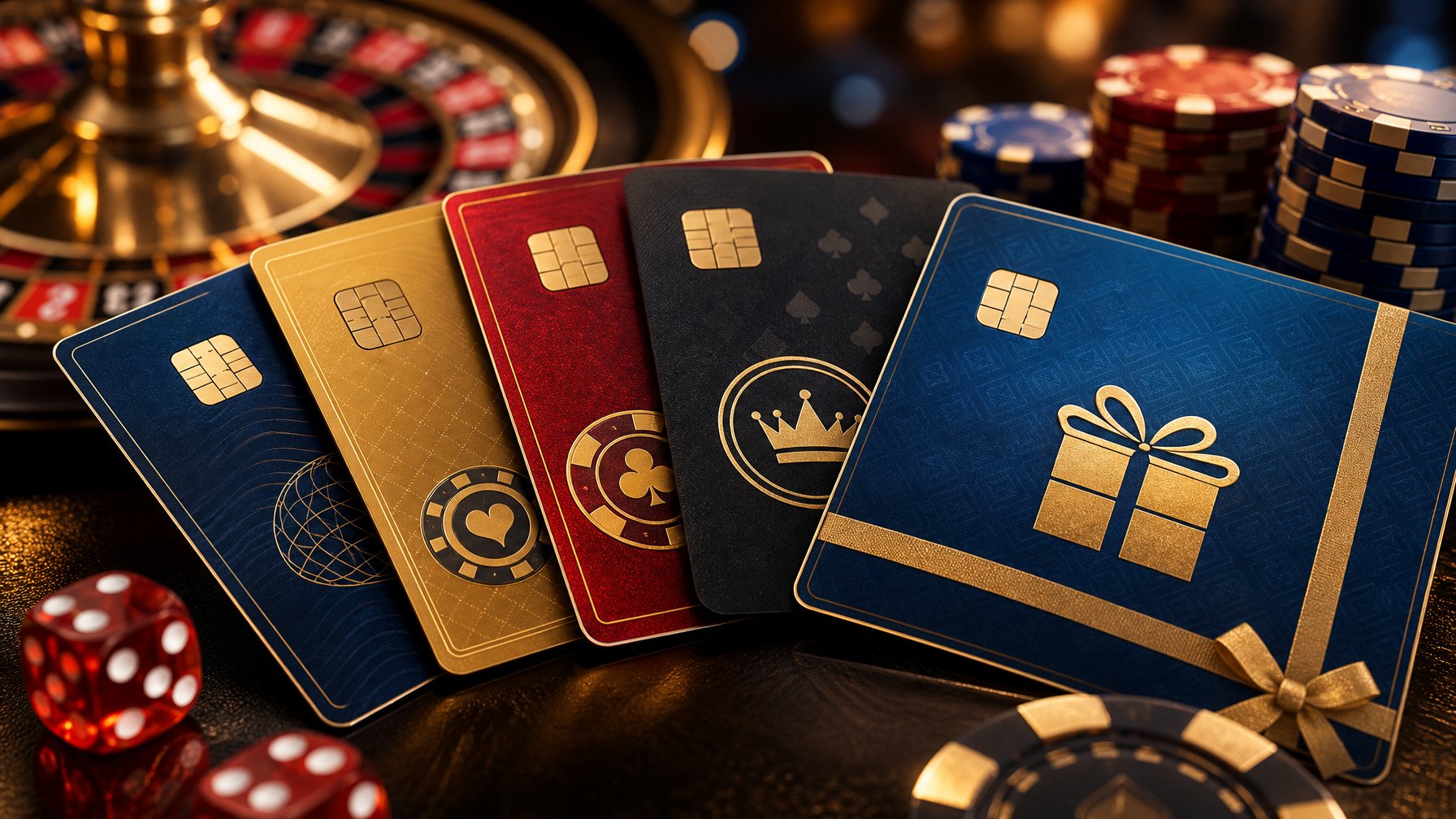 CloseUp Of Various Payment Cards Including Gift Cards And Casino Operator Cards, Placed On A Surface With Poker Chips And Dice Nearby.