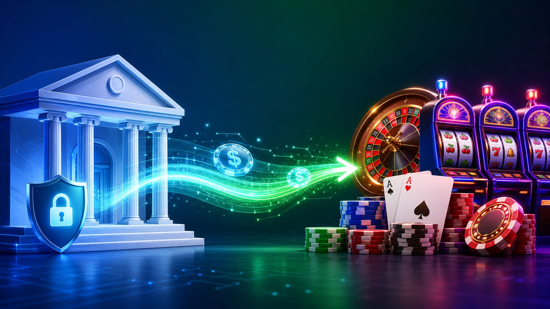 Illustration Showing A Bank Building Connected By A Glowing Digital Stream To A Casino With Slot Machines And Poker Chips, Symbolizing Fast And Secure Payment Transfer.