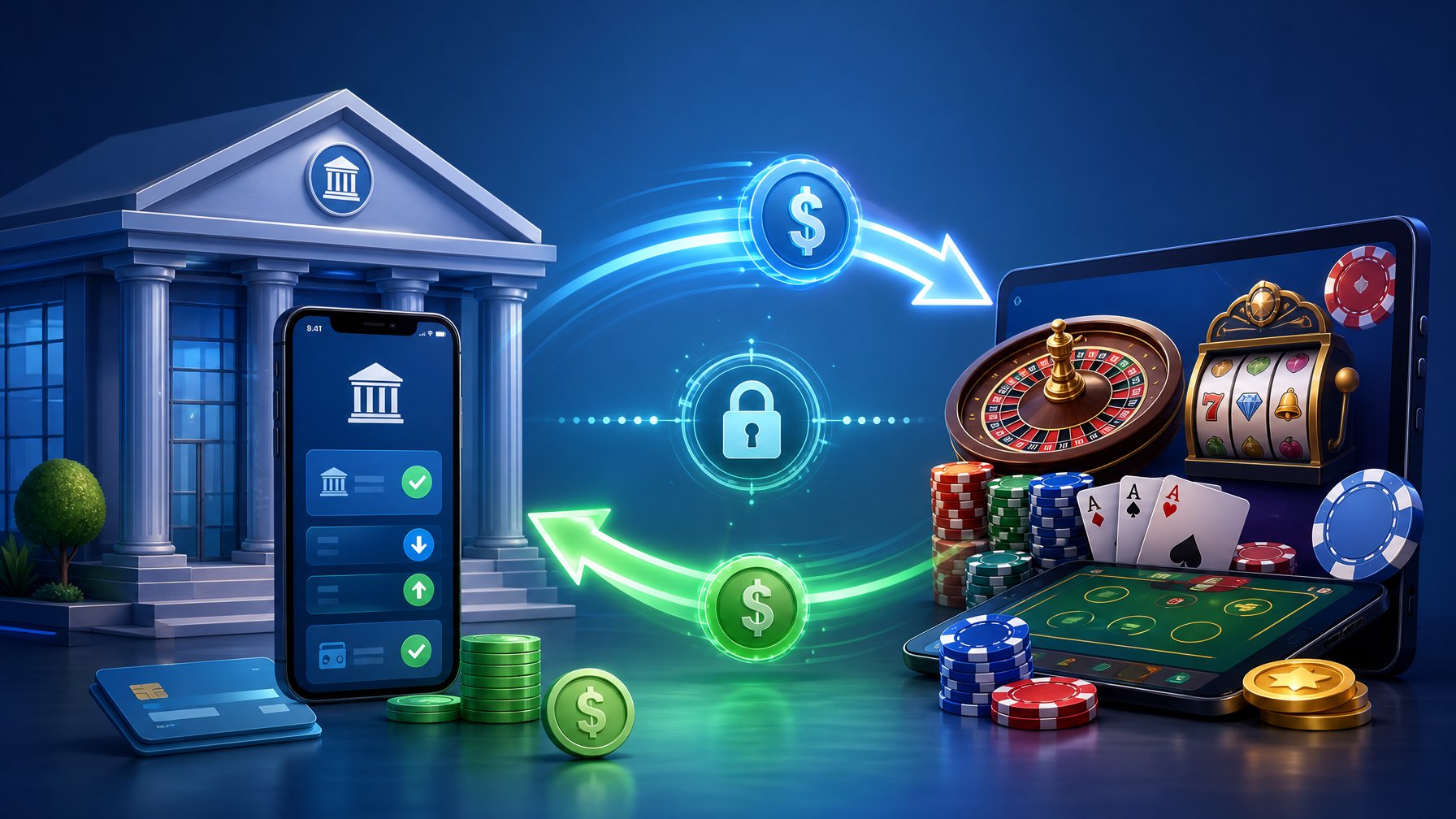 Illustration Showing A Bank Building And An Online Casino Connected By Glowing Arrows Representing Fast And Secure Money Transfers.