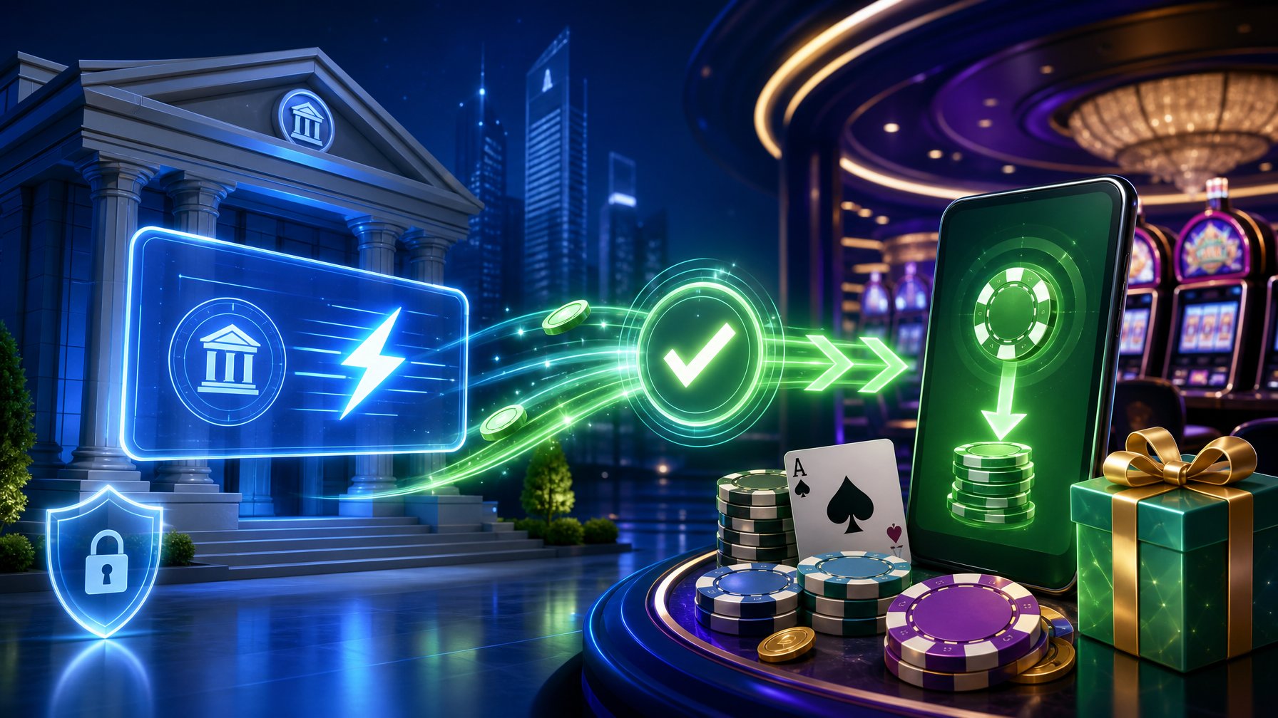 A Modern Bank Building Connected By Glowing Arrows To A Casino With Slot Machines And Poker Chips, Illustrating Fast And Secure Money Transfers.