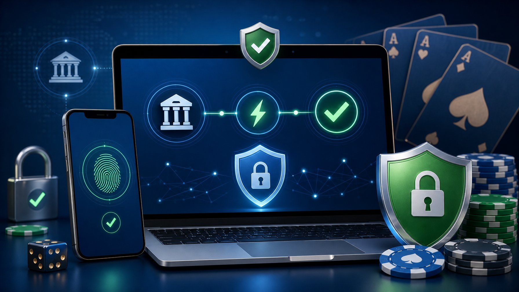 A Secure Digital Payment Interface Showing Instant Bank Transfer With Verification Icons And Subtle Casino Elements In The Background.