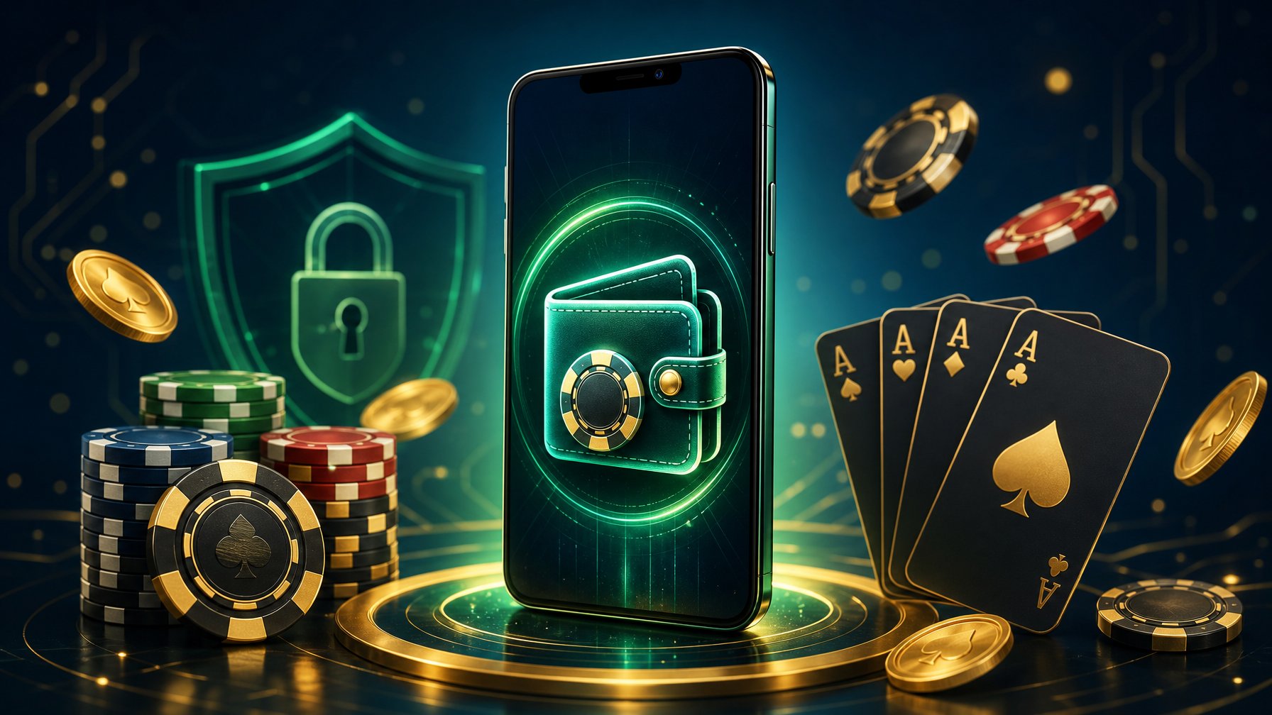 A Digital Wallet Surrounded By Poker Chips, Playing Cards, And Coins Symbolizing A Casino Payment Method.