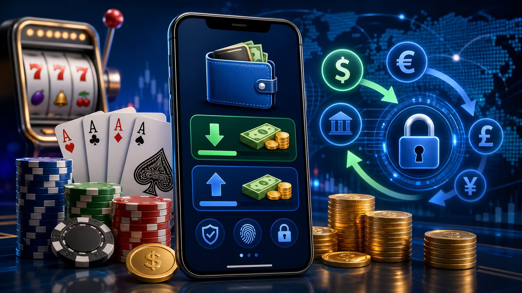A Smartphone Displaying A Digital Wallet With Icons Representing Deposits And Withdrawals, Surrounded By Casino Elements Like Poker Chips And Playing Cards, Symbolizing Secure And Easy Casino Payments.