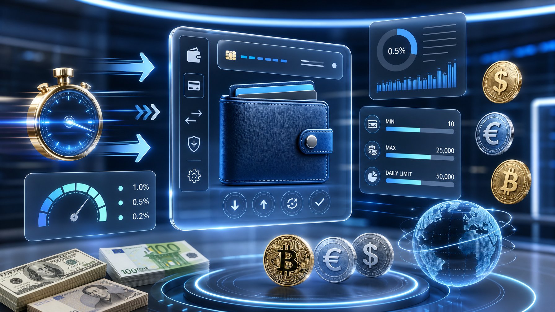 A Digital Wallet Interface Surrounded By Symbols Representing Fast Transactions, Multiple Currencies, Fees, And Transaction Limits.