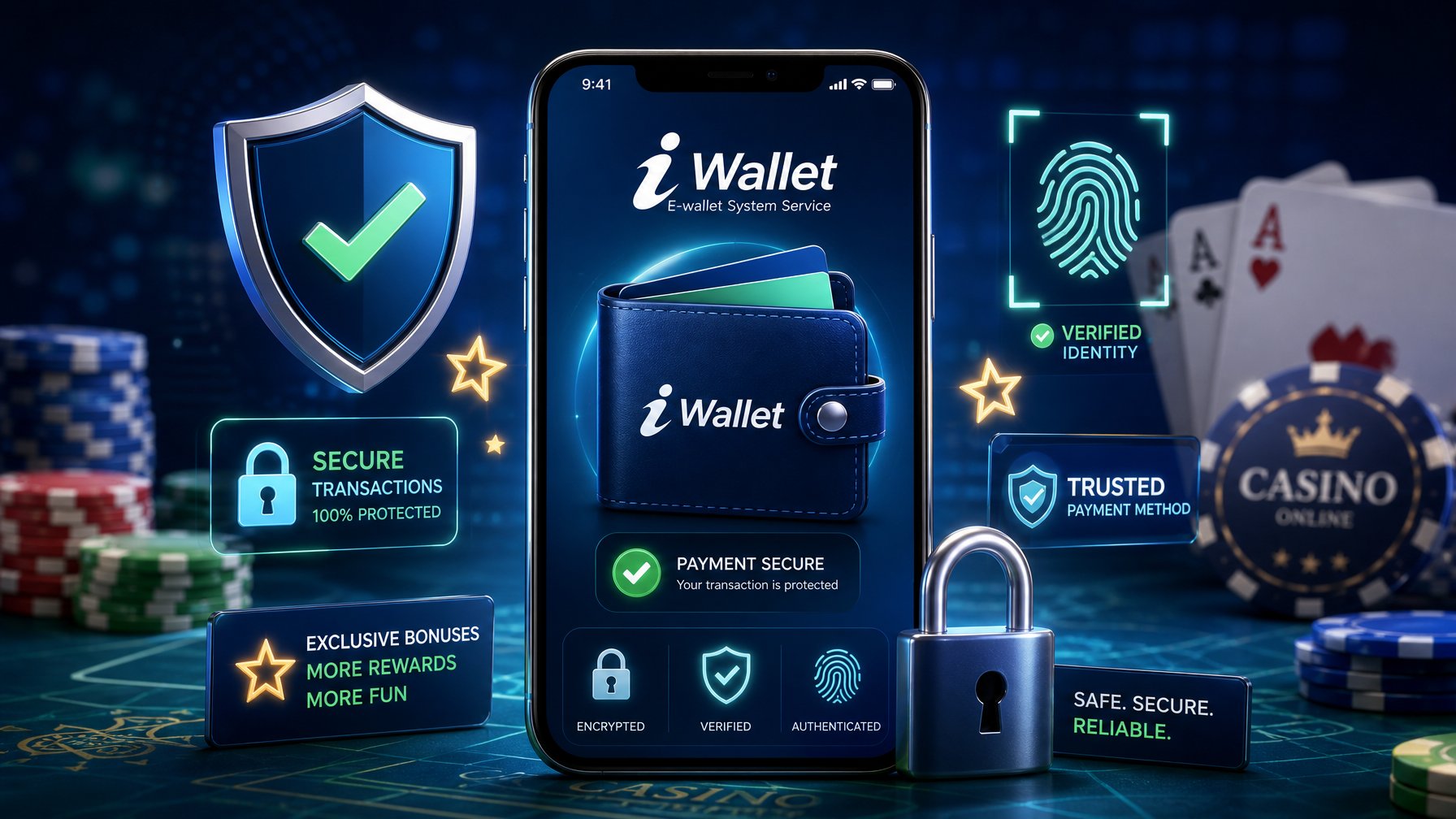 A Smartphone Displaying A Digital Wallet Icon Surrounded By Security Symbols Like A Shield, Padlock, And Fingerprint Scanner, With Blurred Poker Chips And Playing Cards In The Background.